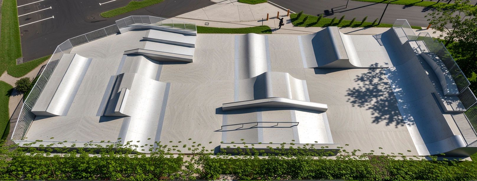 Vue aérienne d'un skatepark en béton, avec bowl, modules et zone street